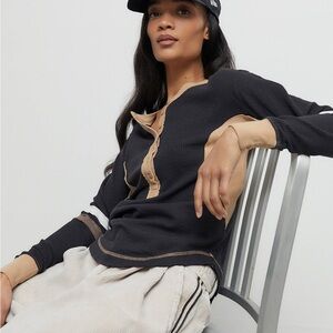 BDG Basil Henley Black and Tan Women's Long Sleeve Top XS